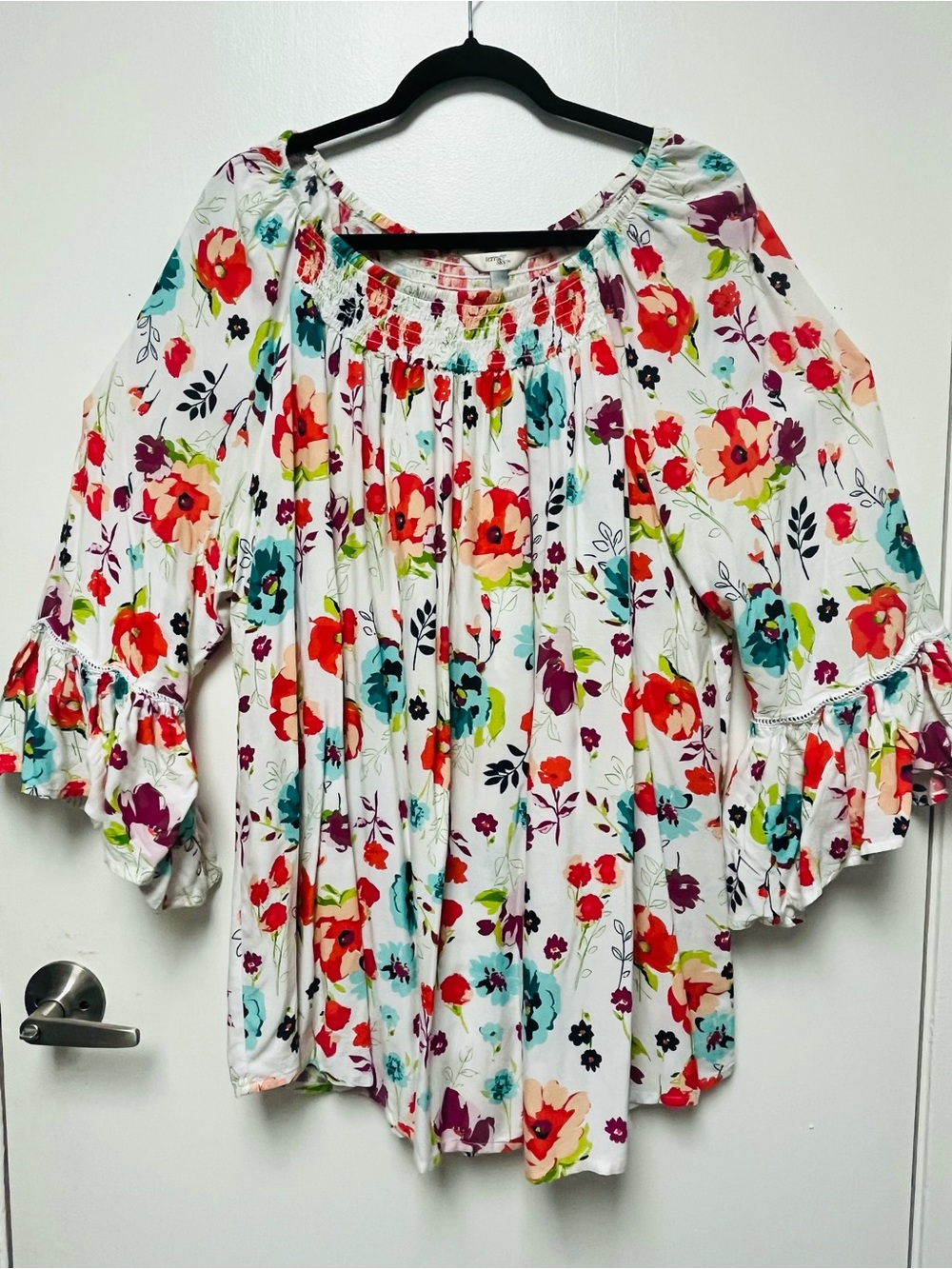Terra & Sky White Floral Peasant Blouse with Red, Teal & Purple Accents